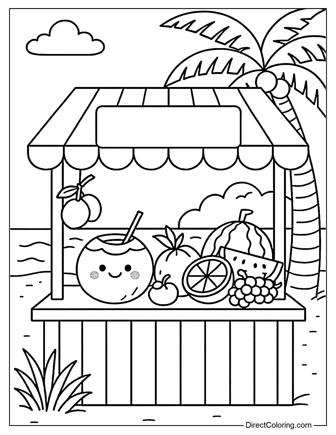 Coconut water and summer fruit stall coloring page at the sea market.